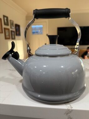 Le Creuset Gray Enamel Whistling Tea Kettle with Black Handle